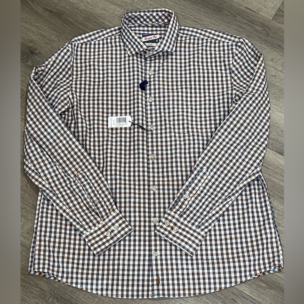 NWT Johnnie-O Large Hangin’ Out Havana Wooster Small Check Plaid Designer Shirt